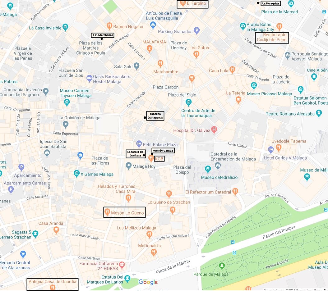 Mapa de mi ruta de tapas por Málaga centro